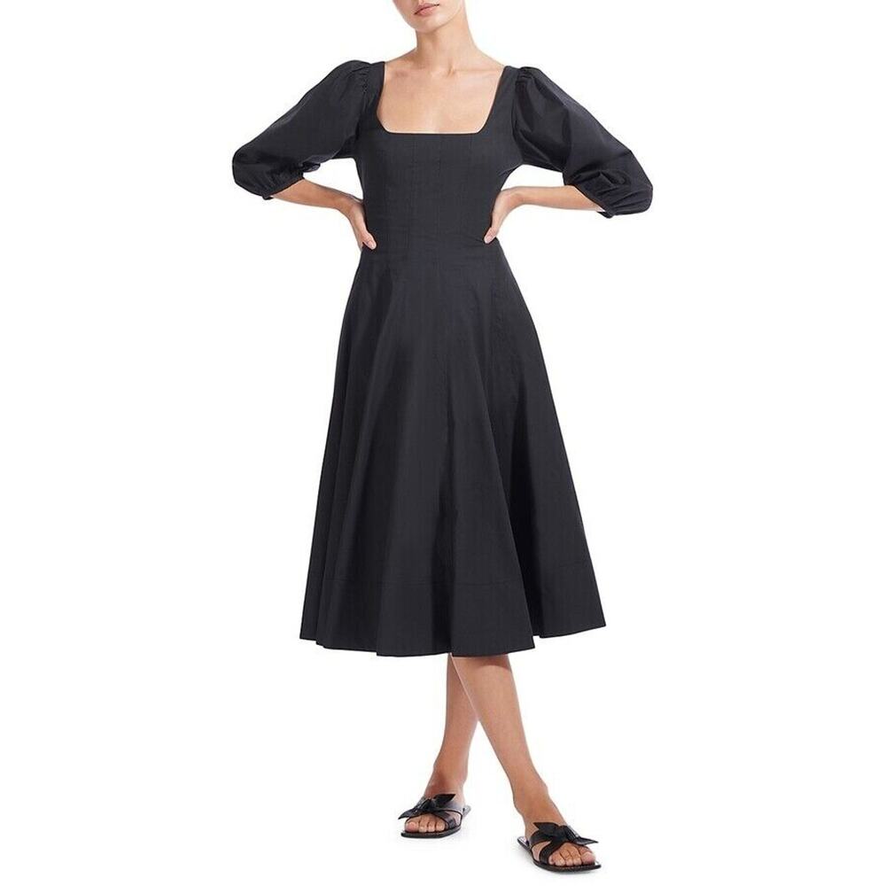 Staud Swells Puff Sleeve Poplin Midi Dress - 2 - Black - Picture 8 of 8